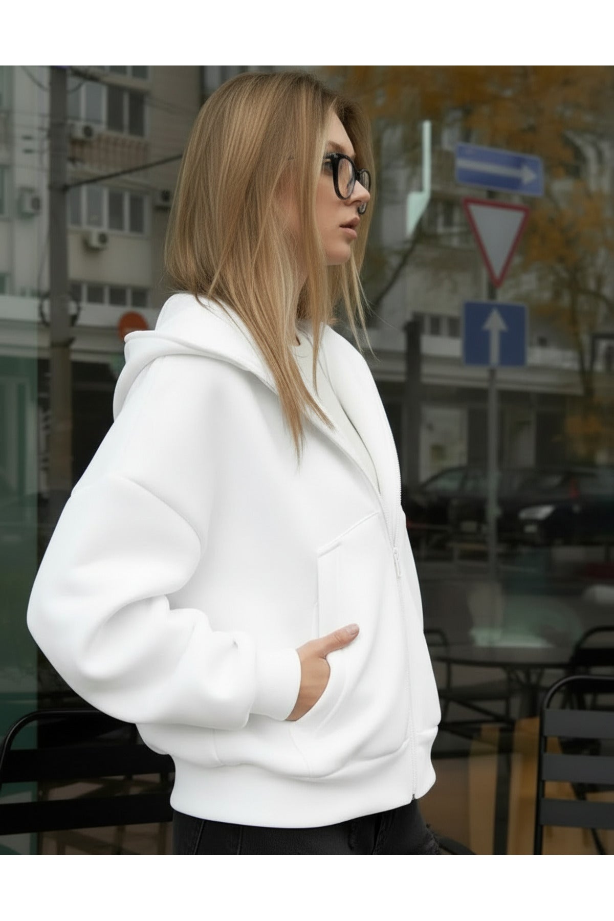 Kadin Oversi̇ze Kapüşonlu Fermuarli Hirka Sweatshirt - Beyaz - 2