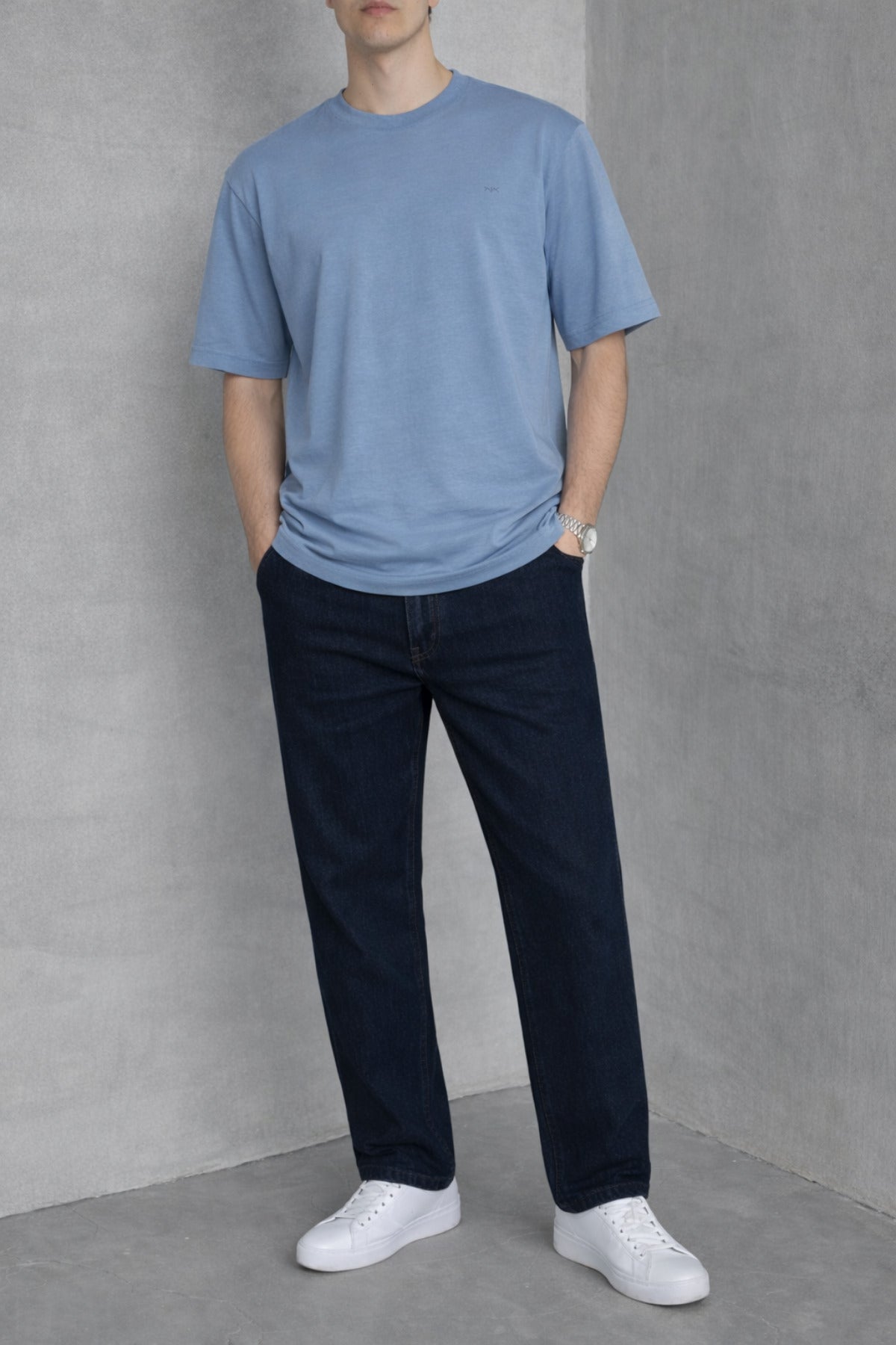 Erkek Siyah Basic Oversize Tişört Rahat Kalıp Düz Minimal Pamuklu Günlük T-shirt - Mavi - 3