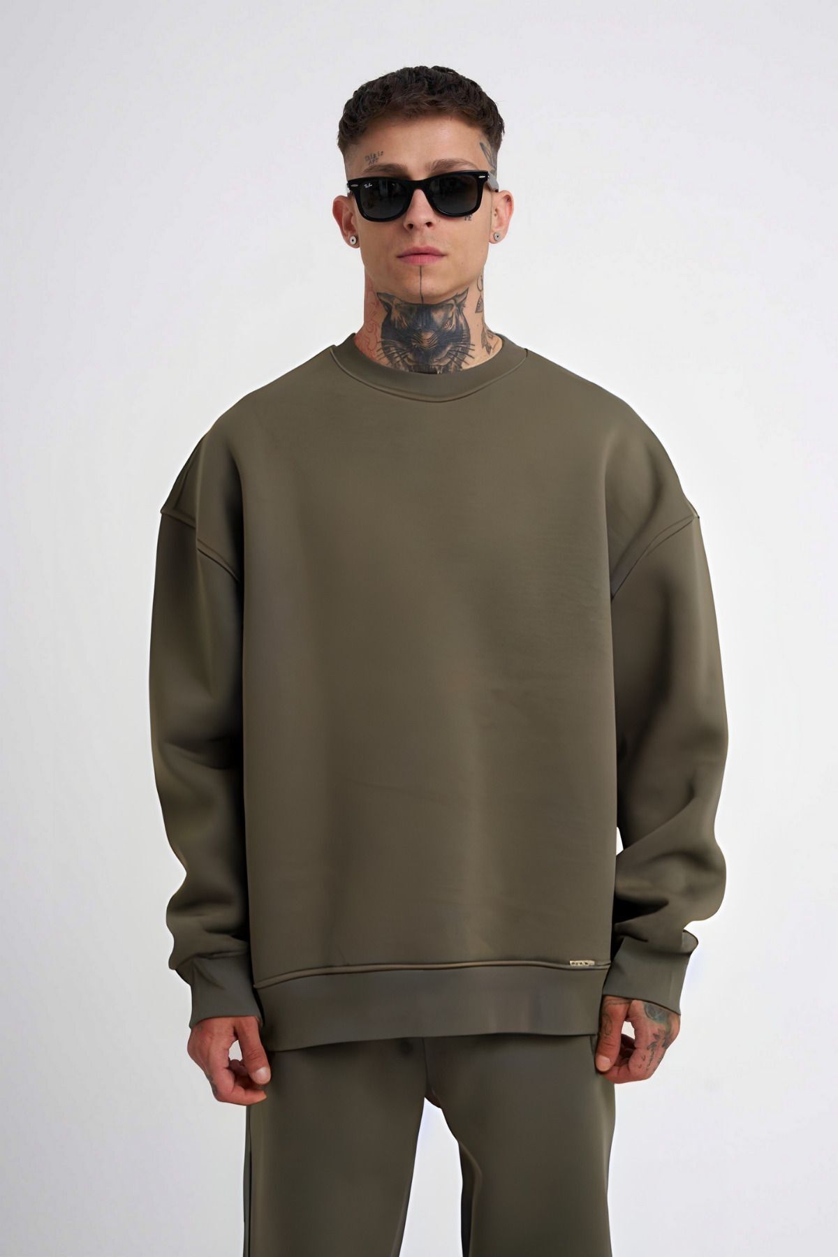 Erkek İ̇çi Pamuklu Bisiklet Yaka Sweatshirt - Haki - 1
