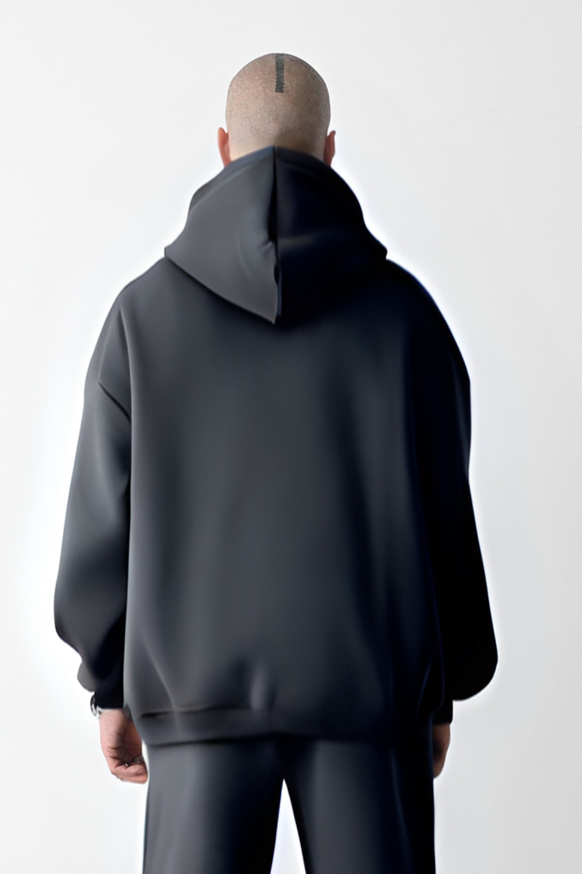 Erkek Bol Kesim Oversize 3 İplik İçi Pamuklu Şardonlu Kanguru Cep Kapşonlu Kışlık Hoodie Sweatshirt - Füme - 3