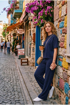 Kadin Yeni̇ Sezon Trend Kisa Kollu Li̇krali Süper Yüksek Bel Bol Paça Basic Beli̇ Bağlamali Yazlik Günlük Kullanima Uygun Alt-üst Takim - Lacivert - 2