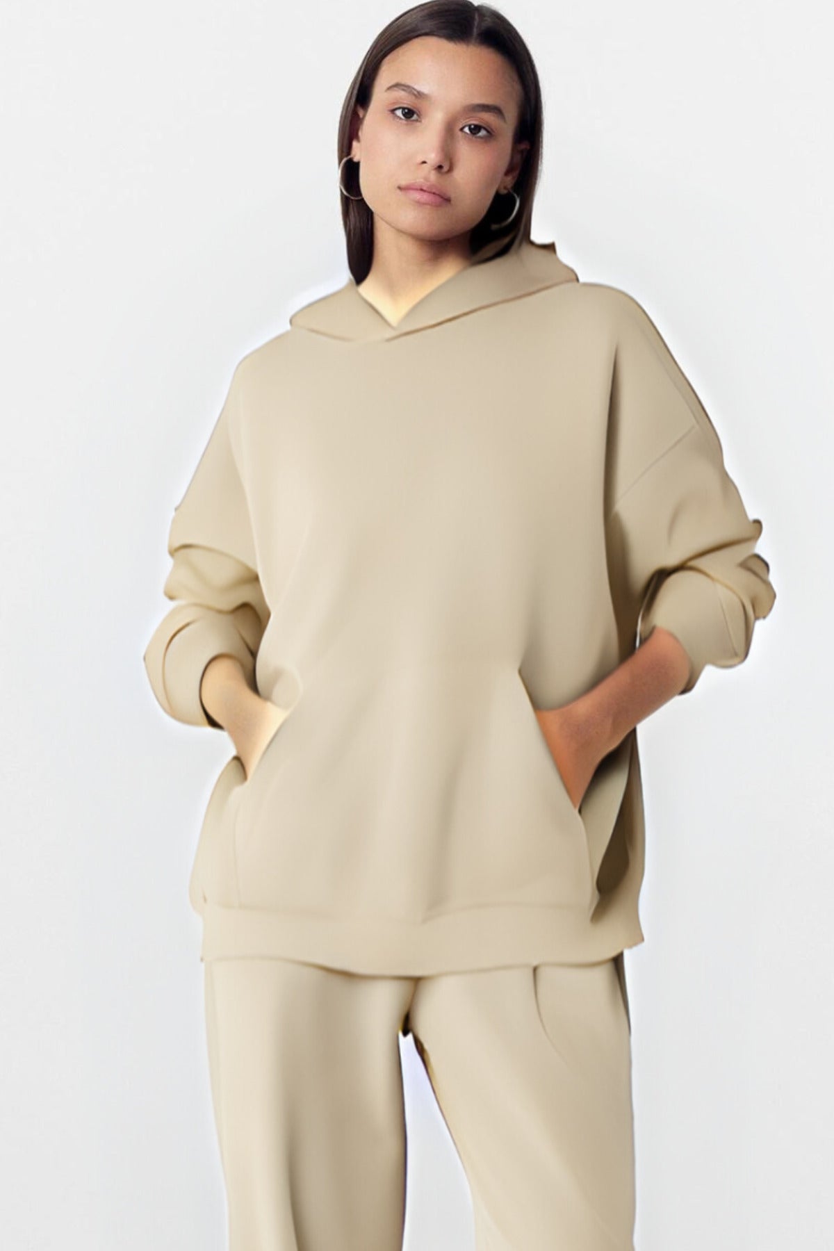 Kadın Baskısız Düz İ̇çi Şardonlu Kalın Kışlık Sweatshirt - Bej - 1