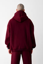 Erkek Bol Kesim Oversize 3 İplik İçi Pamuklu Şardonlu Kanguru Cep Kapşonlu Kışlık Hoodie Sweatshirt - Bordo - 3