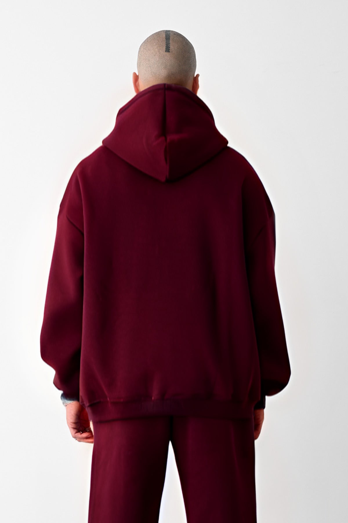 Erkek Bol Kesim Oversize 3 İplik İçi Pamuklu Şardonlu Kanguru Cep Kapşonlu Kışlık Hoodie Sweatshirt - Bordo - 3