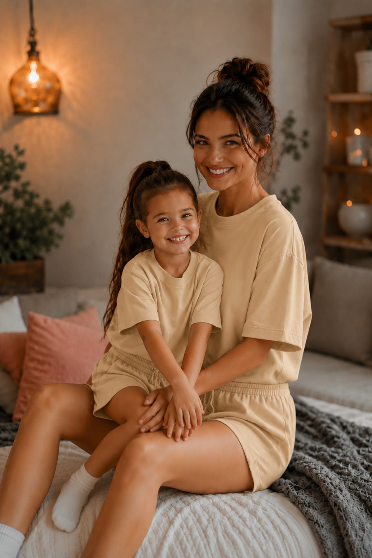 Anne Çocuk Kisa Kollu Oversize Esnek Rahat Beli̇ Bağcikli Modern Kesi̇m Trend Yazlik Günlük Alt Üst Takim - Vizon - 2