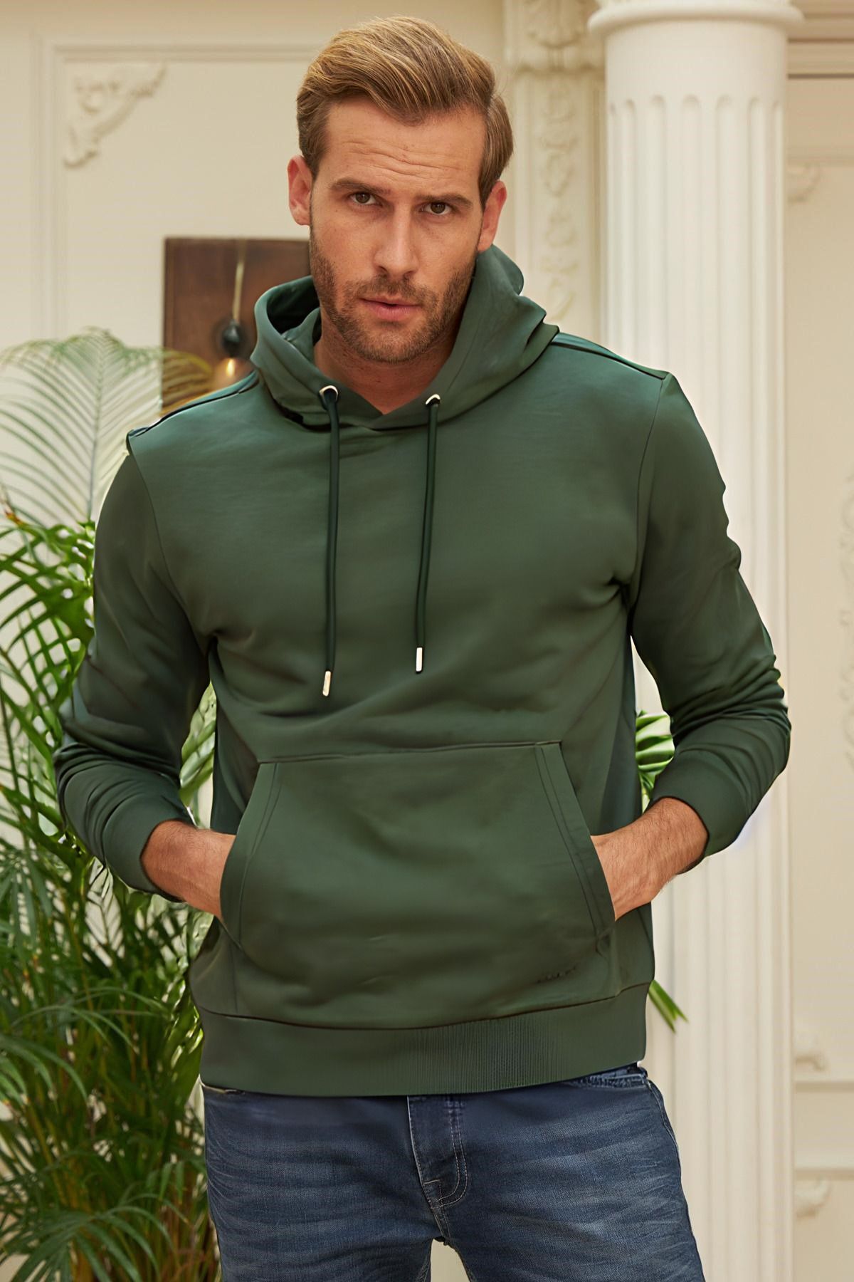 Erkek Kapşonlu Kanguru Cep Basic Sweatshirt - Haki - 2