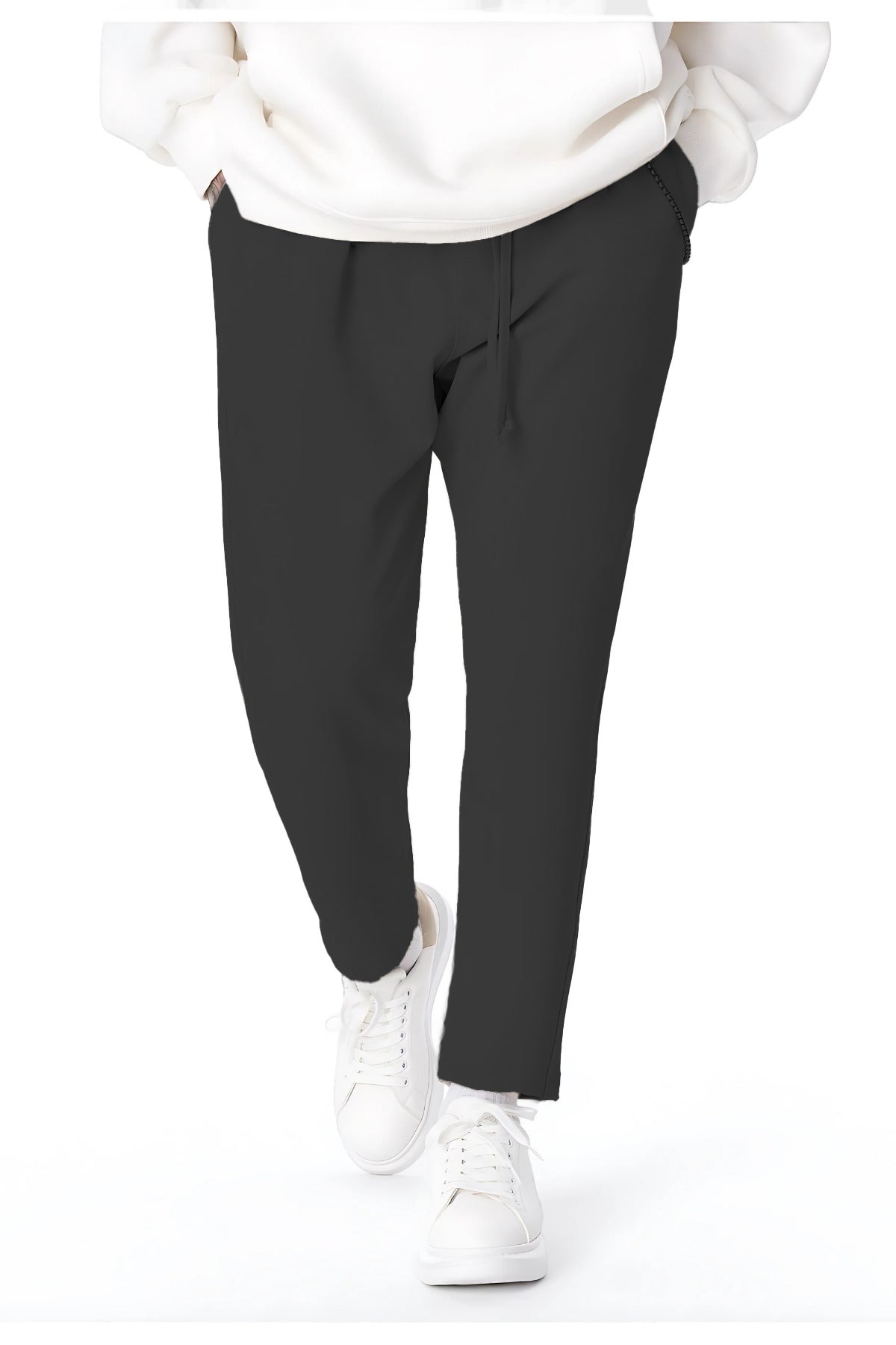 Erkek Rahat Kesim Dokuma Kumaş Beli Lastikli Bağcıklı Kumaş Okul Pantolonu - Füme - 1