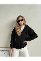 Kadin 3 İ̇pli̇k Kapüşonlu Fermuarli Oversi̇ze Sweatshirt Hirka - Siyah - 1