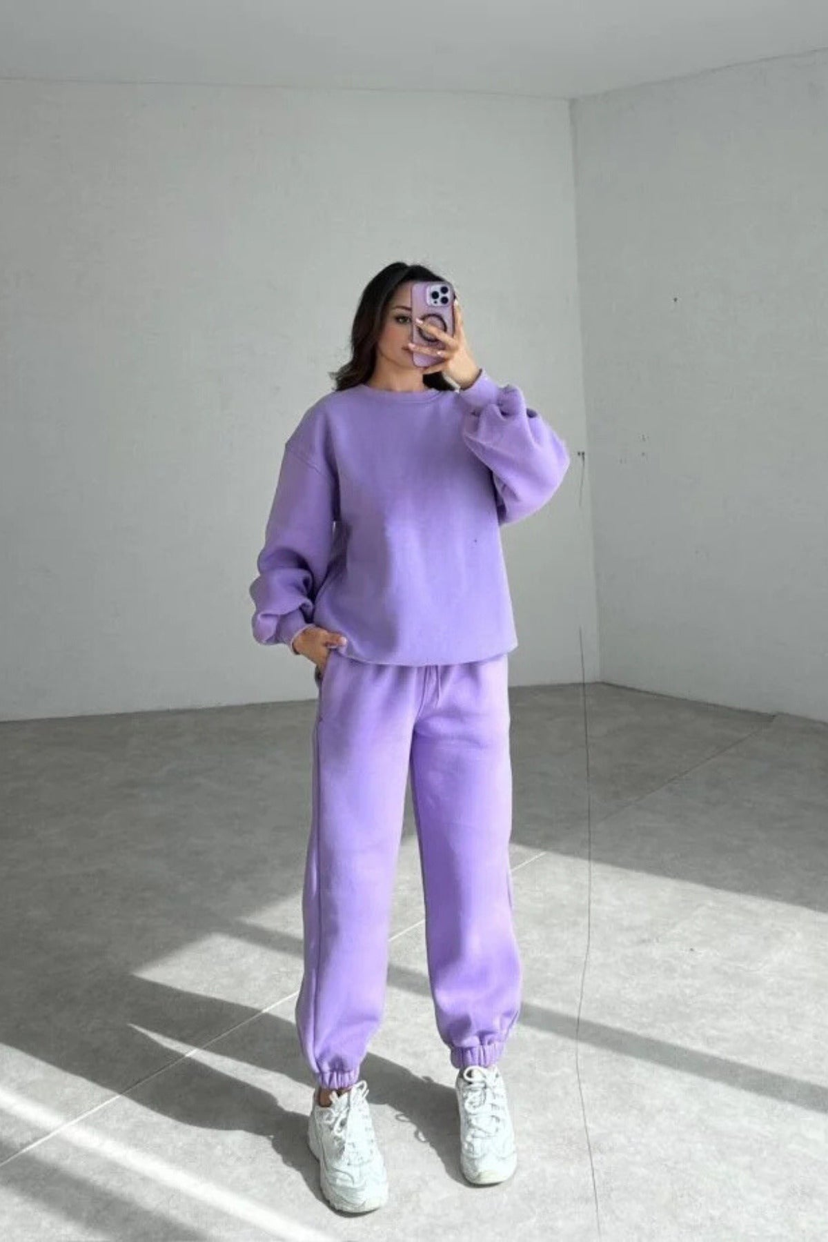 Kadın 3 İ̇plik Oversize Bisiklet Yaka Eşofman Takımı - Lila - 1