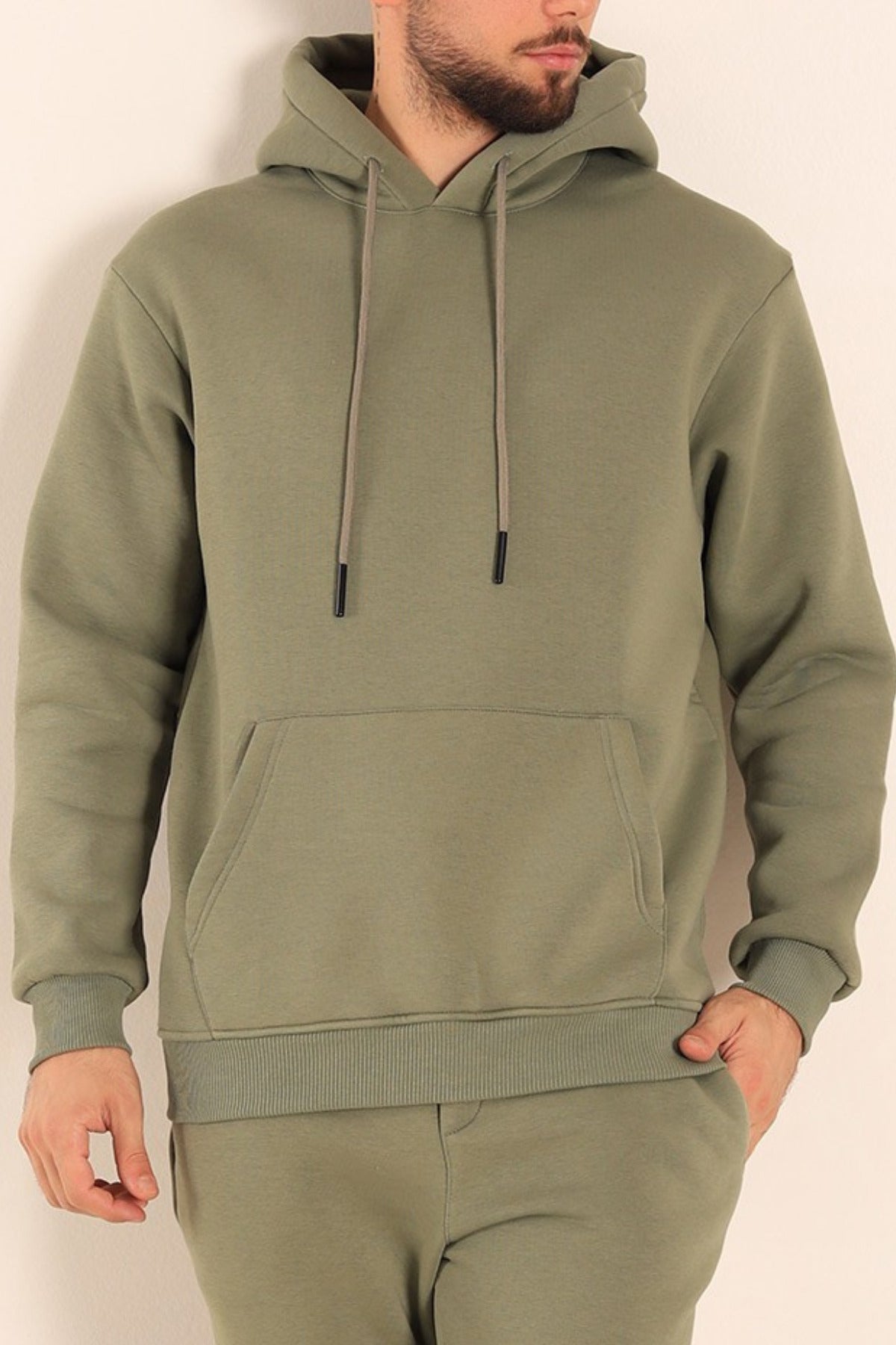 Erkek Rahat Kalın Pamuklu Kışlık Sweatshirt - Haki Melanj - 1