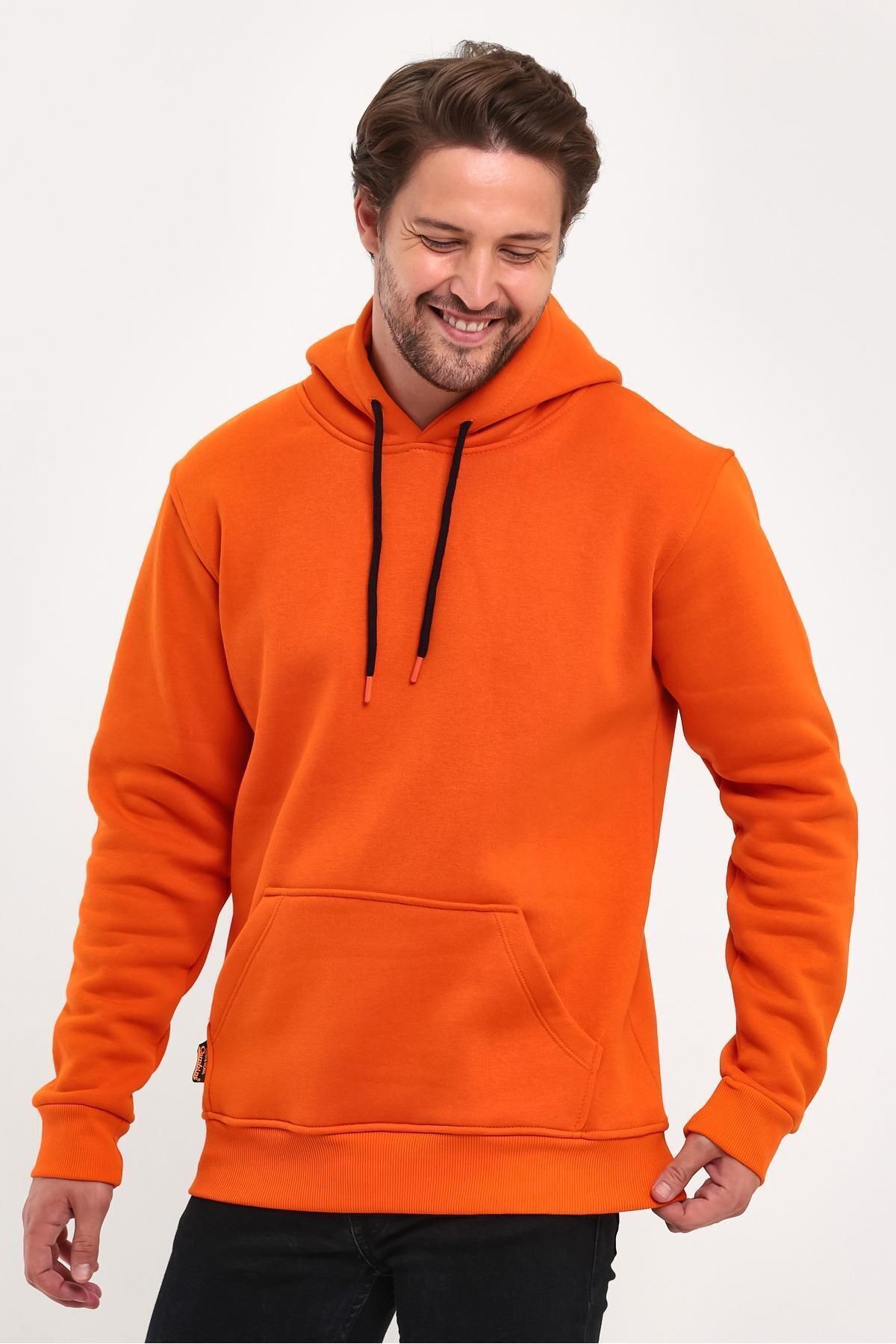 Erkek Kapşonlu Kanguru Cepli̇ 3 İ̇pli̇k Kalin Sweatshi̇rt - Turuncu - 5