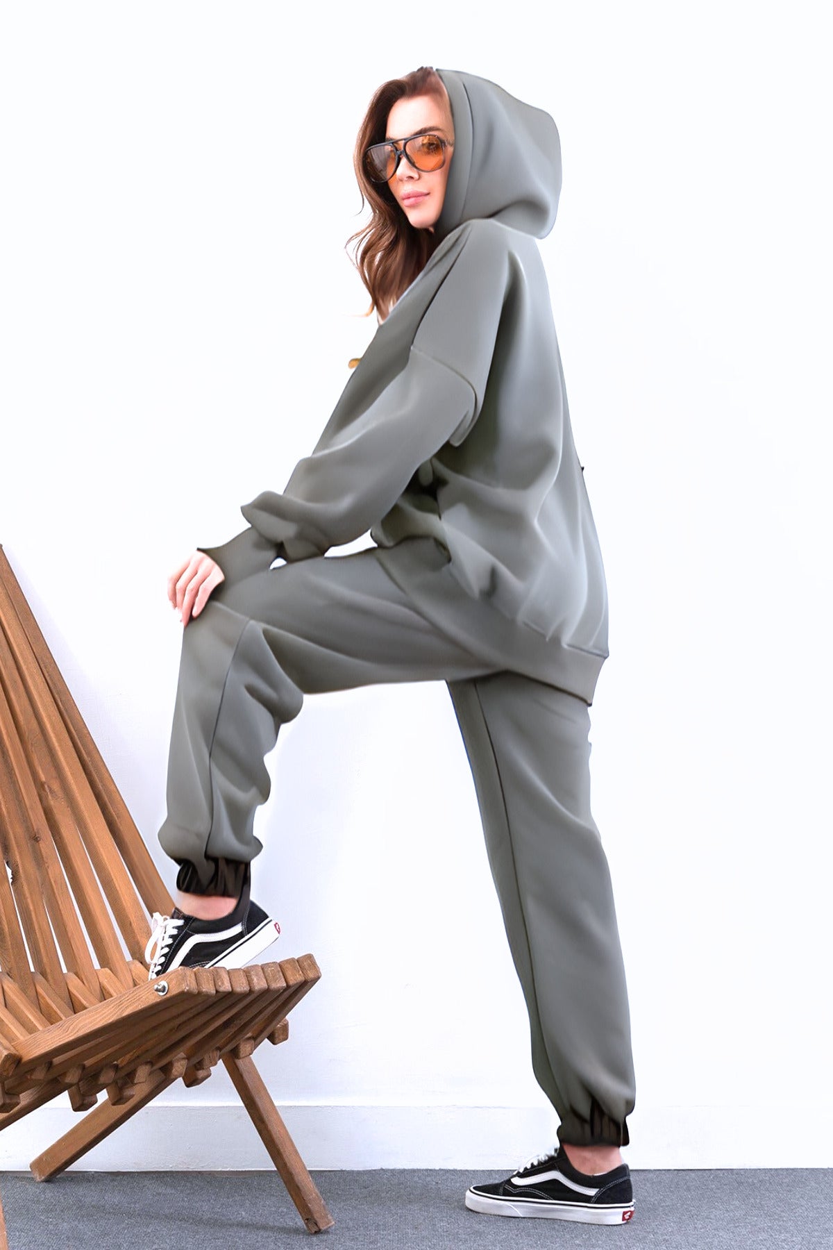 Kadın Yüksek Bel 3 İ̇plik Kalın Şardonlu Oversize Fit Jogger Eşofman Takımı - Gri - 3