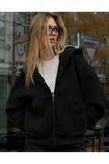 Kadin Oversi̇ze Kapüşonlu Fermuarli Hirka Sweatshirt - Siyah - 1