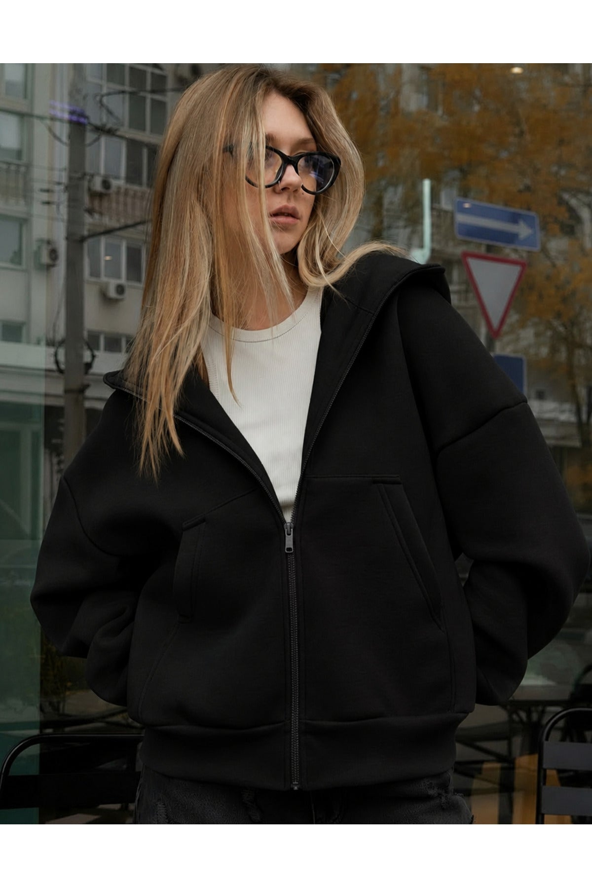 Kadin Oversi̇ze Kapüşonlu Fermuarli Hirka Sweatshirt - Siyah - 1