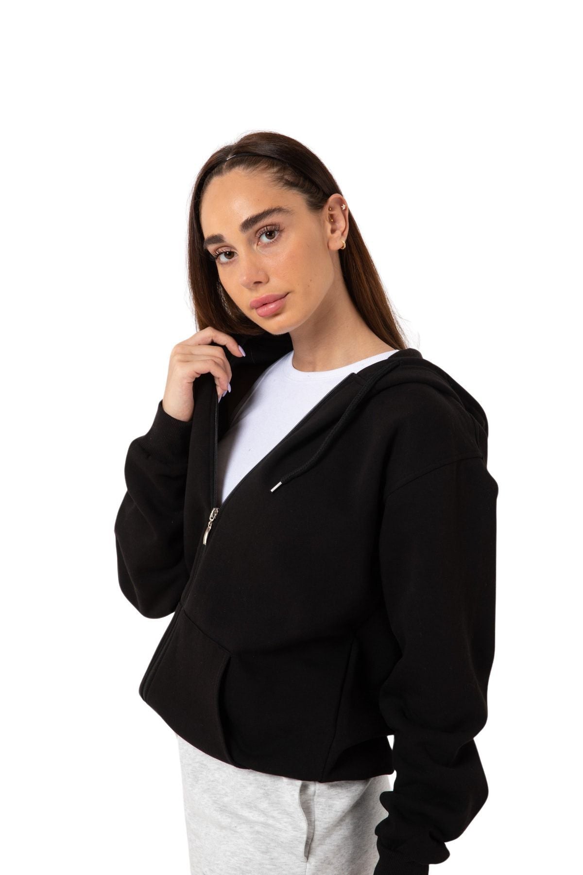 Unisex Si̇yah Tam Fermuarlı Hırka Sweatshirt Kapşonlu Kanguru Cepli Kadın Erkek - Siyah - 5