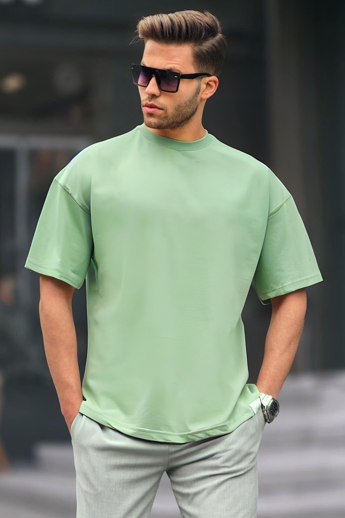 Erkek Oversize Basic Pamuklu Kısa Kollu T-shirt - Yeşil - 1