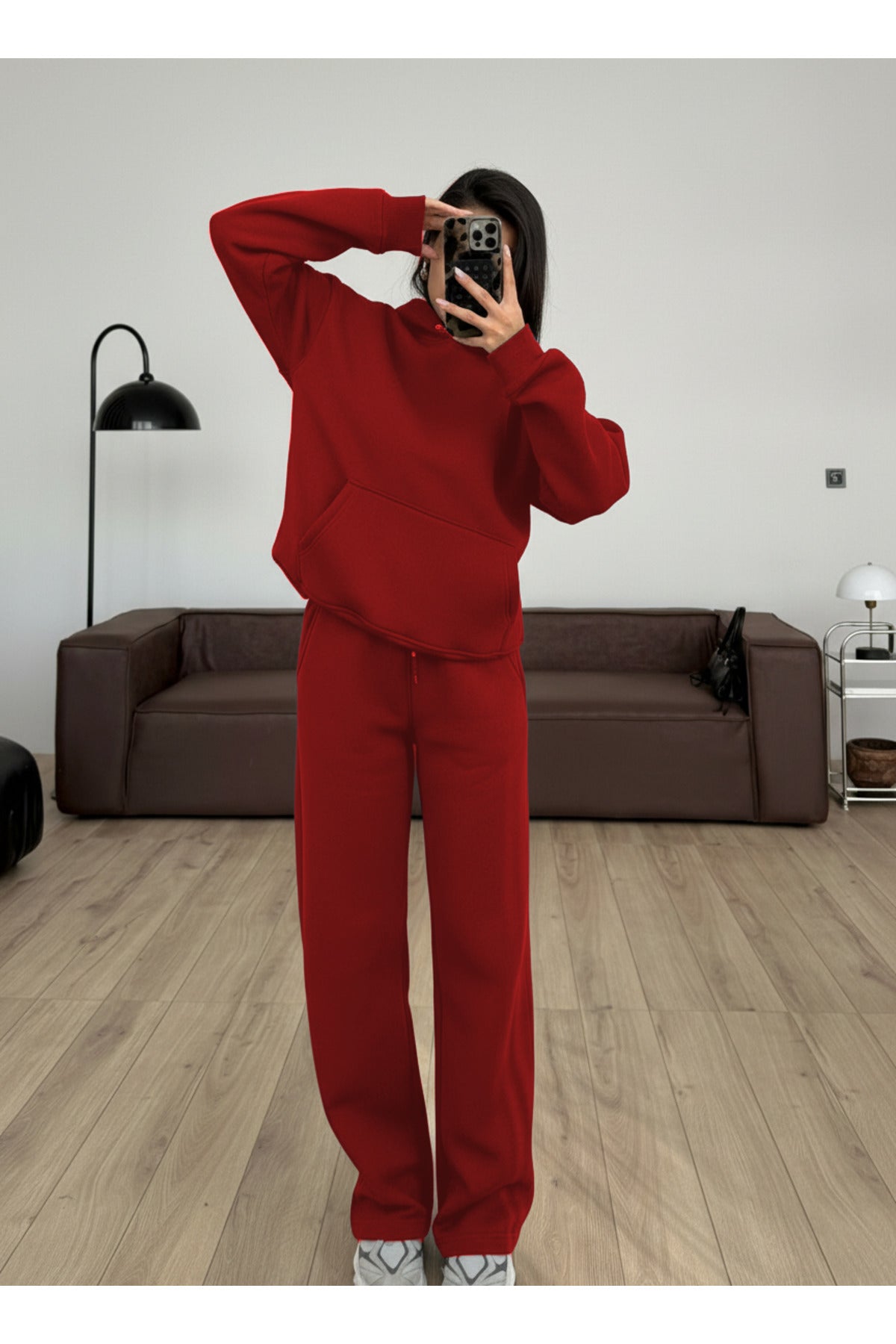 Kadın Boyfriend 3 İplik Şardonlu Bol Paça Oversize Casual Takım - Kırmızı - 1