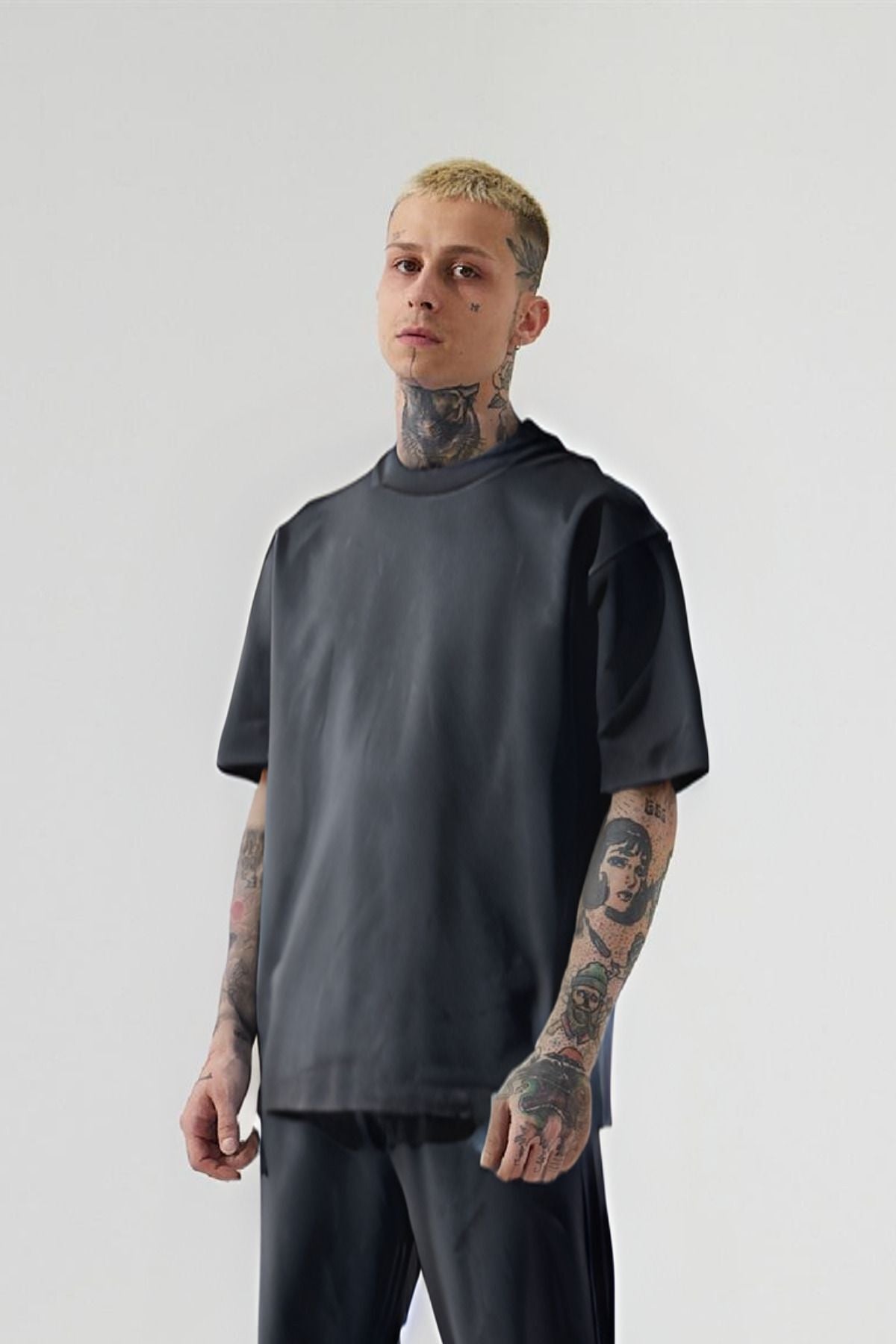 Erkek Oversize Rahat Penye T-shirt - Füme - 1