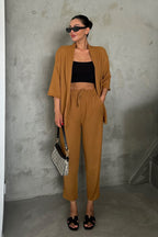 Kadın Dökümlü Bürümcük Yazlık Palazzo Kimono Takım - CAMEL - 1