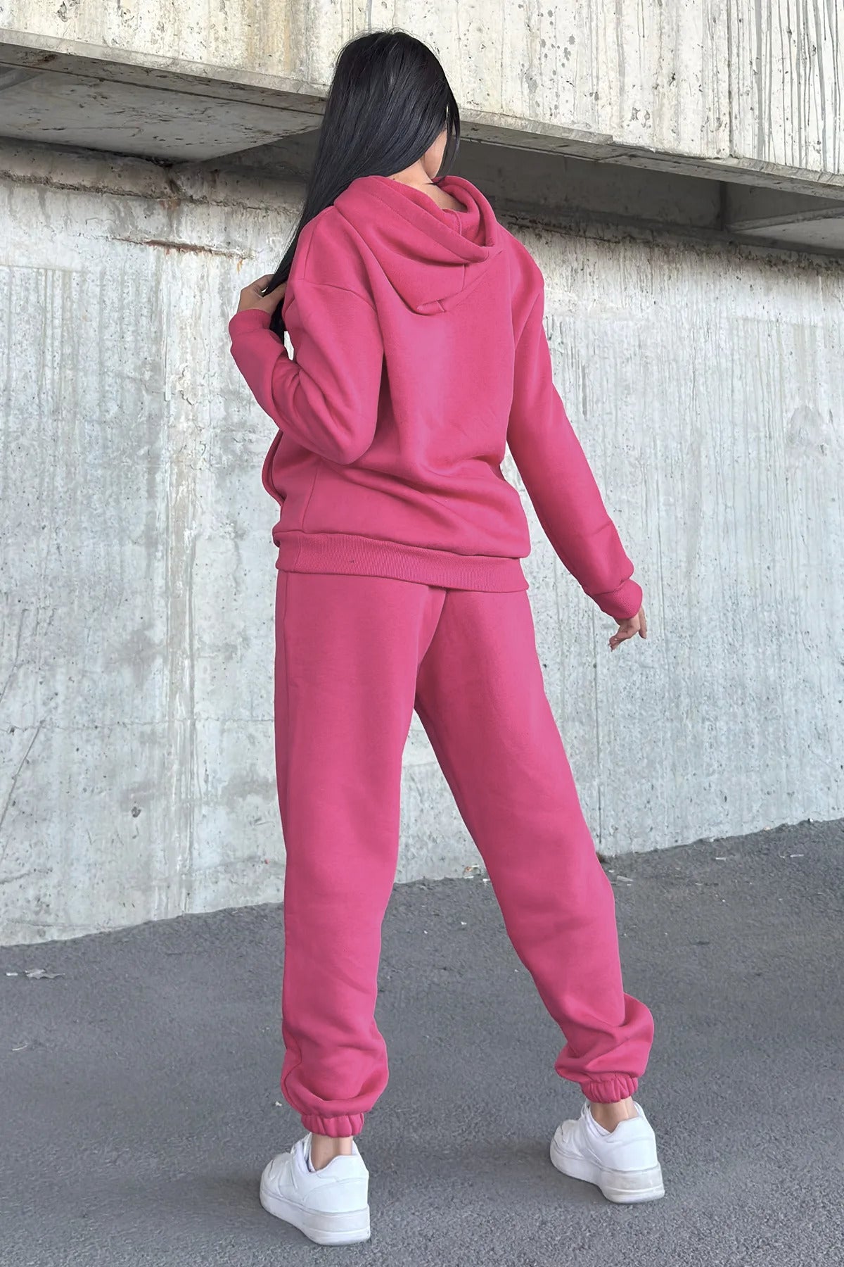 Kadın Oversize 3 İ̇plik İ̇çi Şardonlu Paçası Lastikli Kapüşonlu Kangur Cep Kalın Eşofman Takımı - Mürdüm - 7