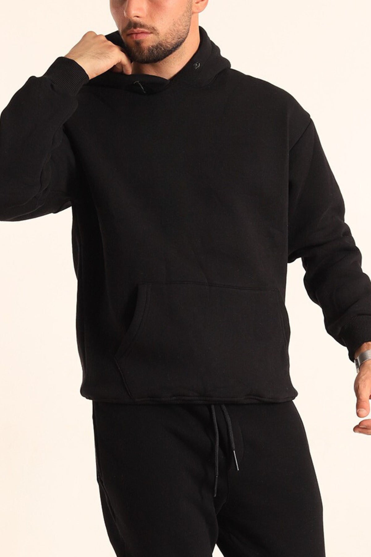 Erkek Rahat Kalın Pamuklu Kışlık Sweatshirt - Siyah - 1
