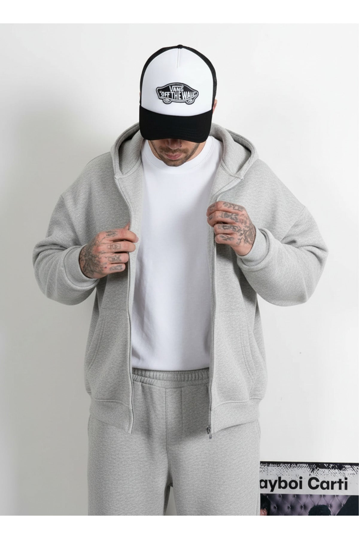 Erkek Oversize Kalın Fermuarlı Düz Hırka - Gri Melanj - 1