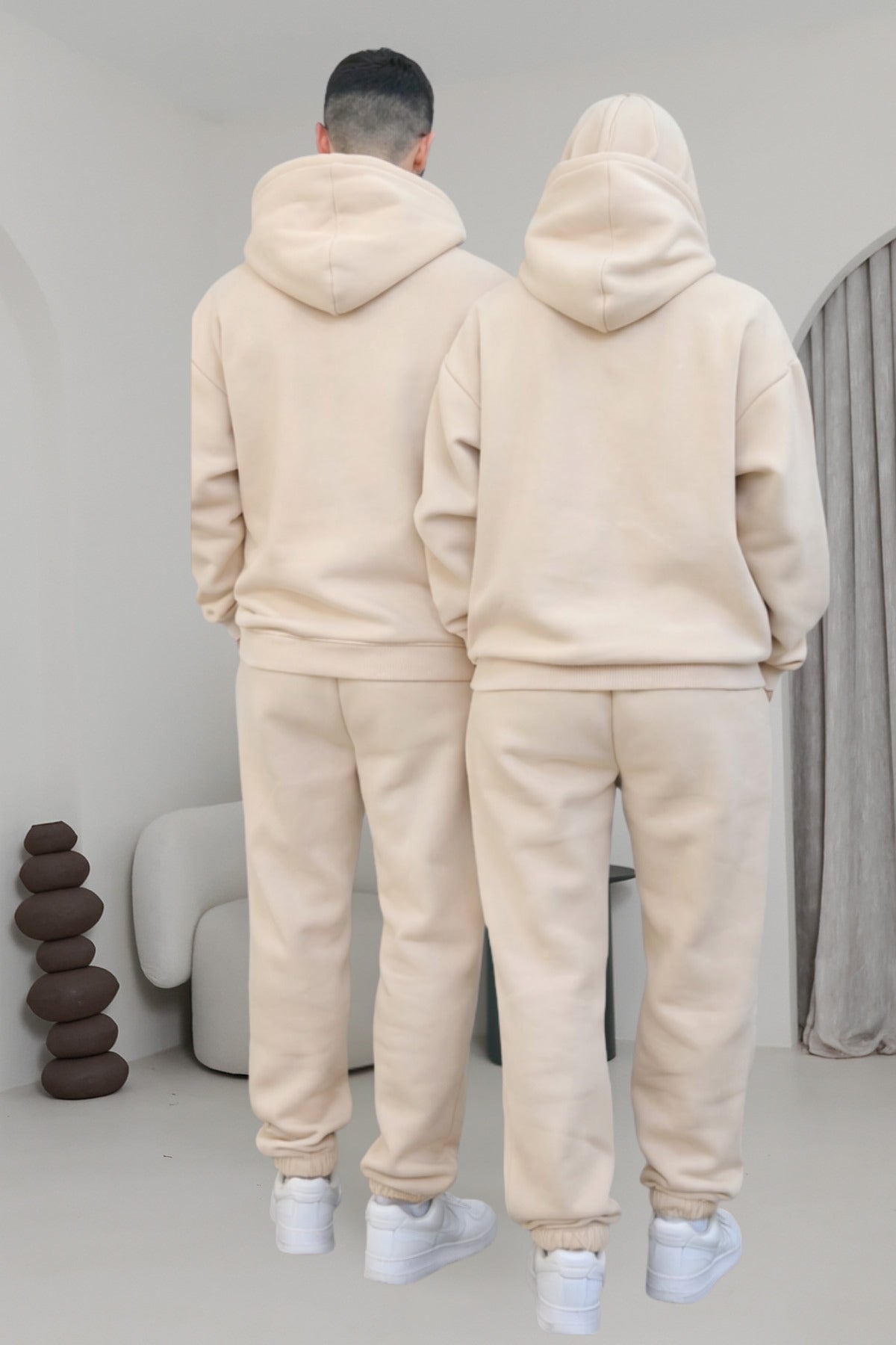 Çiftlere Özel Basic Oversize Kapşonlu Eşofman Takımı - Bej - 3