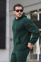 Erkek Bol Kesim Oversize 3 İ̇plik İ̇çi Pamuklu Şardonlu Kanguru Cep Kapşonlu Kışlık Hoodie Sweatshirt - Koyu Yeşil - 2