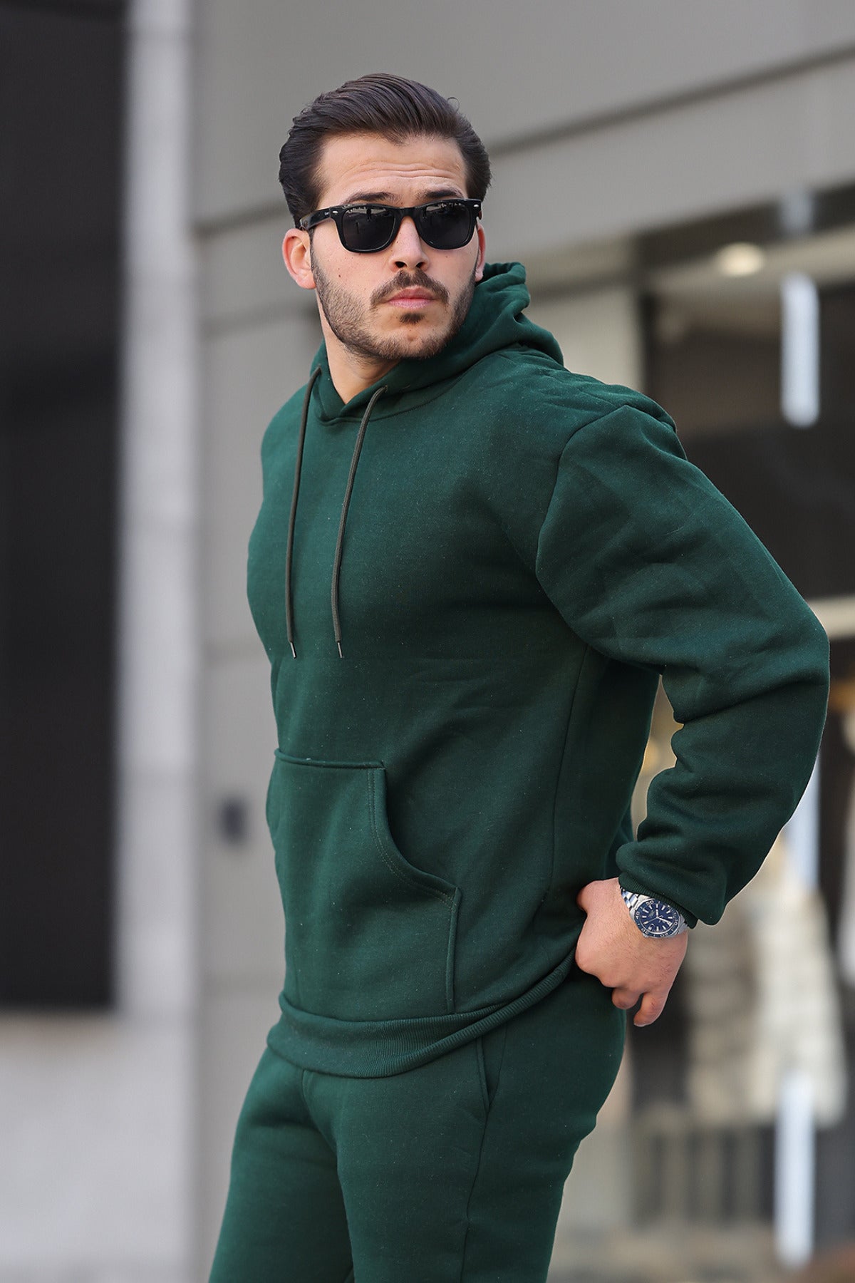 Erkek Bol Kesim Oversize 3 İ̇plik İ̇çi Pamuklu Şardonlu Kanguru Cep Kapşonlu Kışlık Hoodie Sweatshirt - Koyu Yeşil - 2