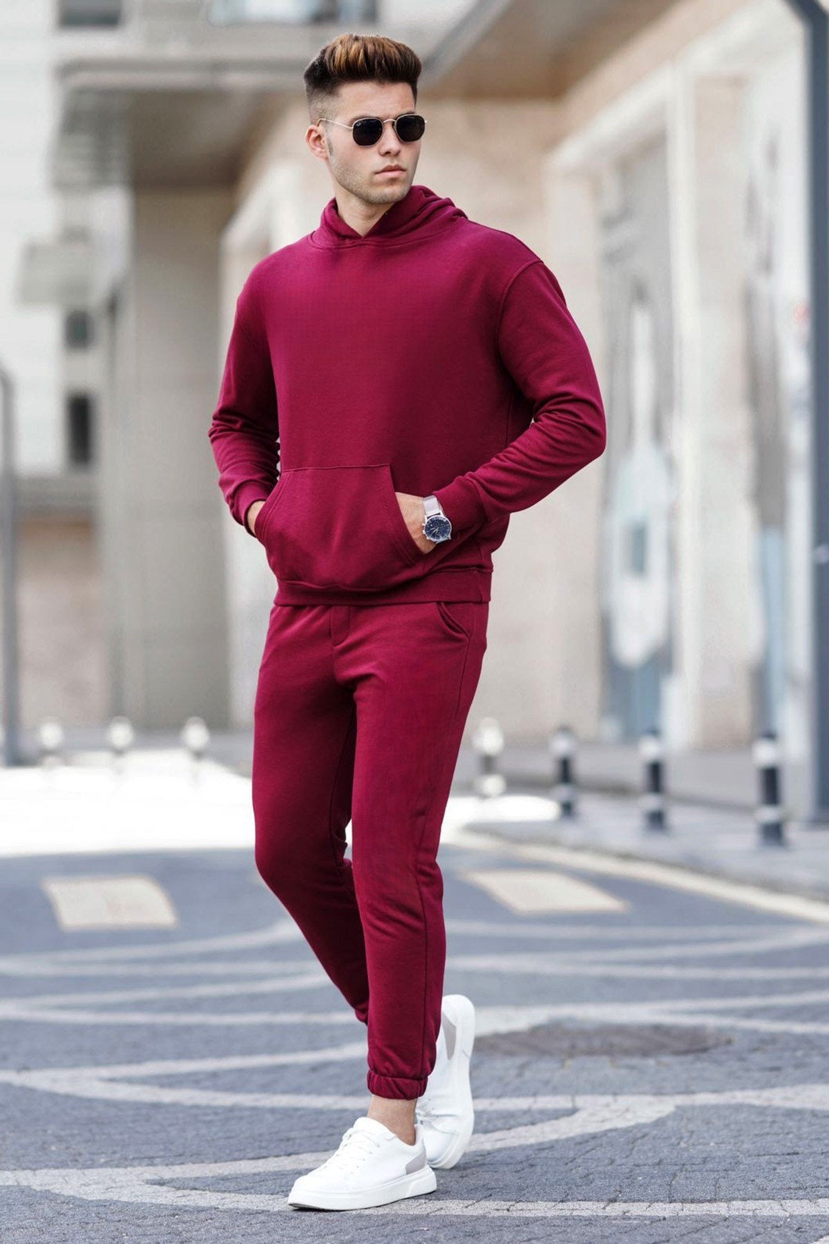 Erkek Basic Model Paçası Lastikli Kapşonlu Eşofman Takımı - Bordo - 2