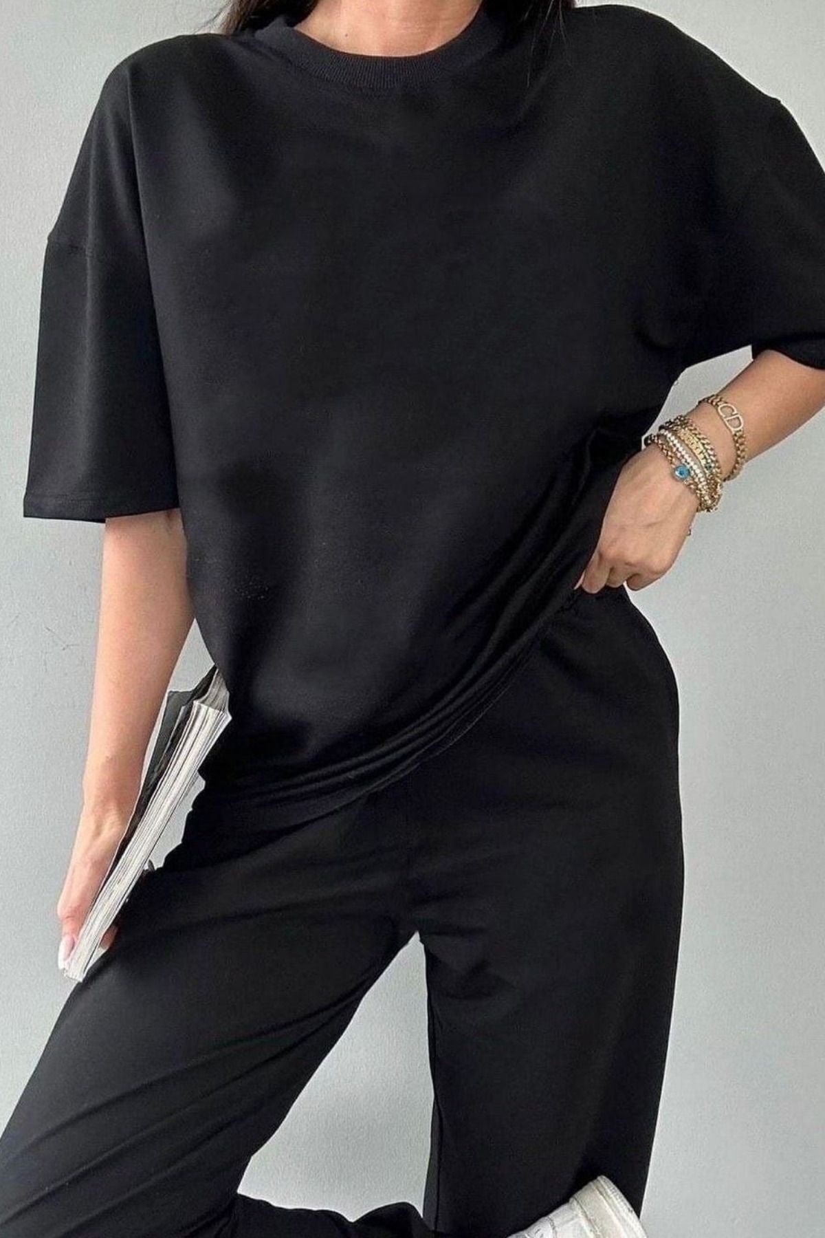 Kadın Kısa Kollu Pijama Takımı Bisiklet Yaka Salaş Tok Kumaş - Siyah - 3