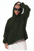 Erkek Bol Kesim Oversize 3 İ̇plik İ̇çi Pamuklu Şardonlu Kanguru Cep Kapşonlu Kışlık Hoodie Sweatshirt - Haki - 1
