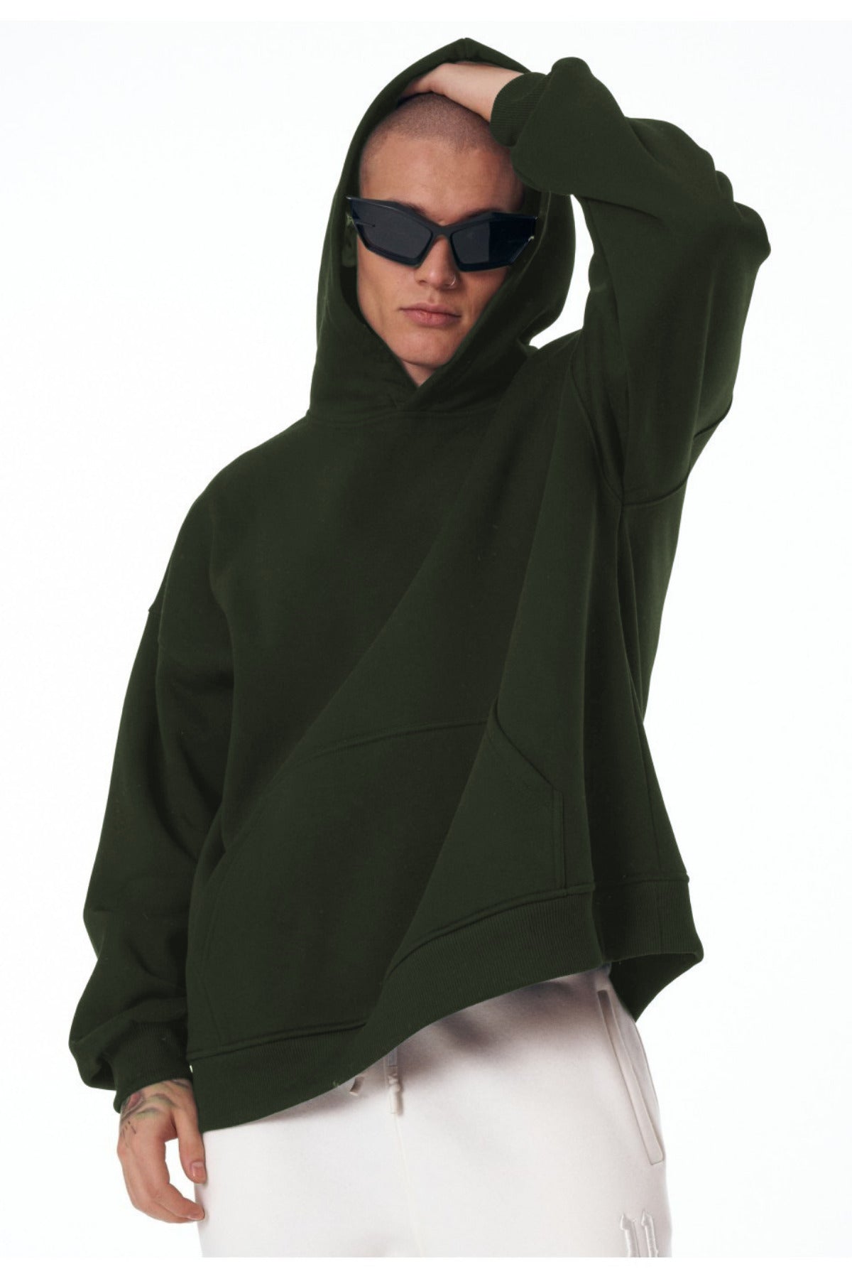 Erkek Bol Kesim Oversize 3 İ̇plik İ̇çi Pamuklu Şardonlu Kanguru Cep Kapşonlu Kışlık Hoodie Sweatshirt - Haki - 1