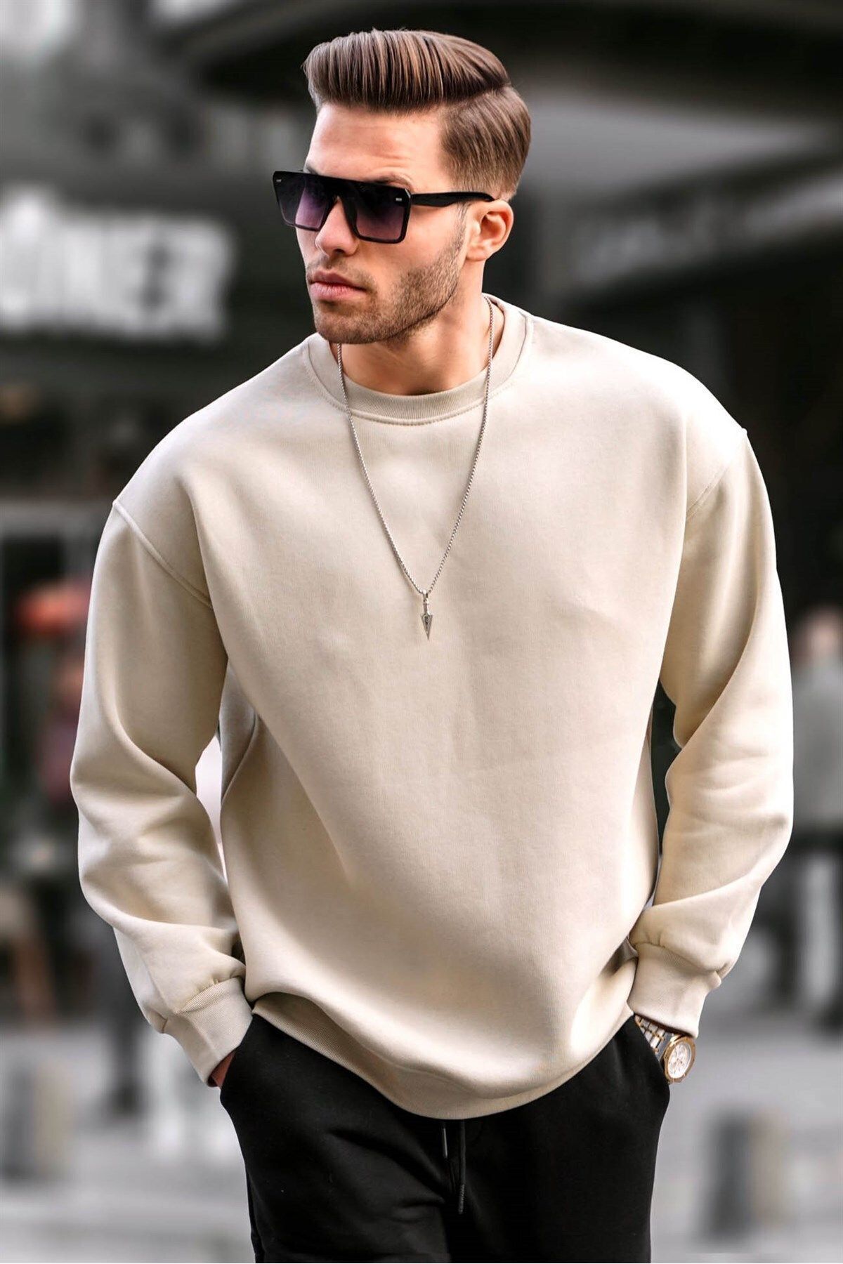 Erkek Bisiklet Yaka 3 İ̇plik Sweatshirt - Bej - 1