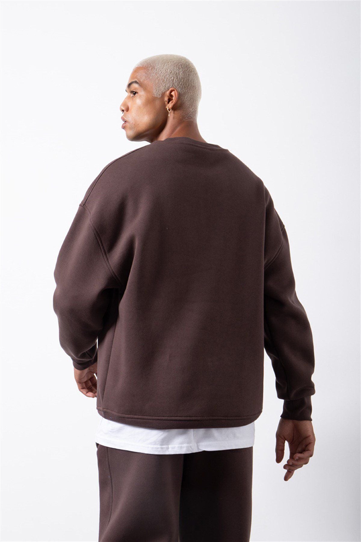 Erkek Bisiklet Yaka Oversize Sweatshirt - Kahverengi - 4