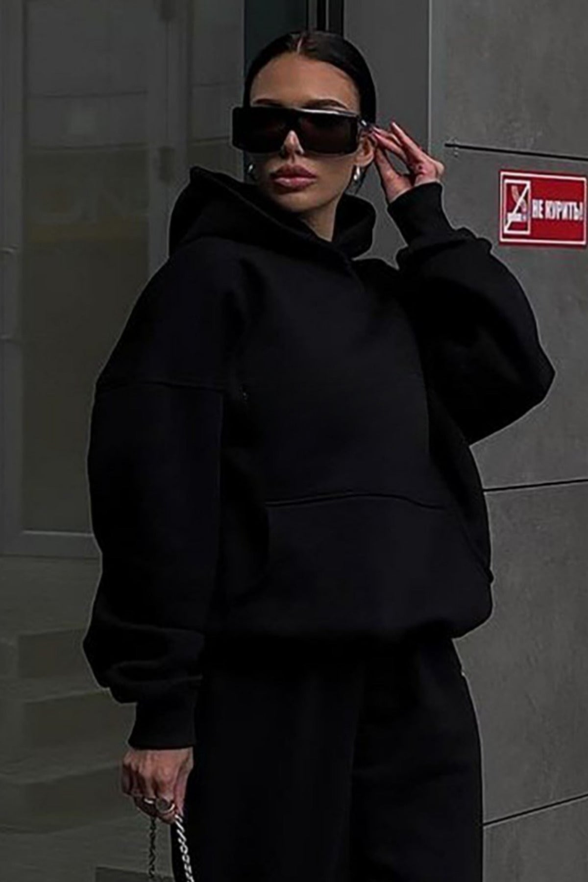 Kadın Salaş Kışlık Hoodie Sweatshirt - Siyah - 1