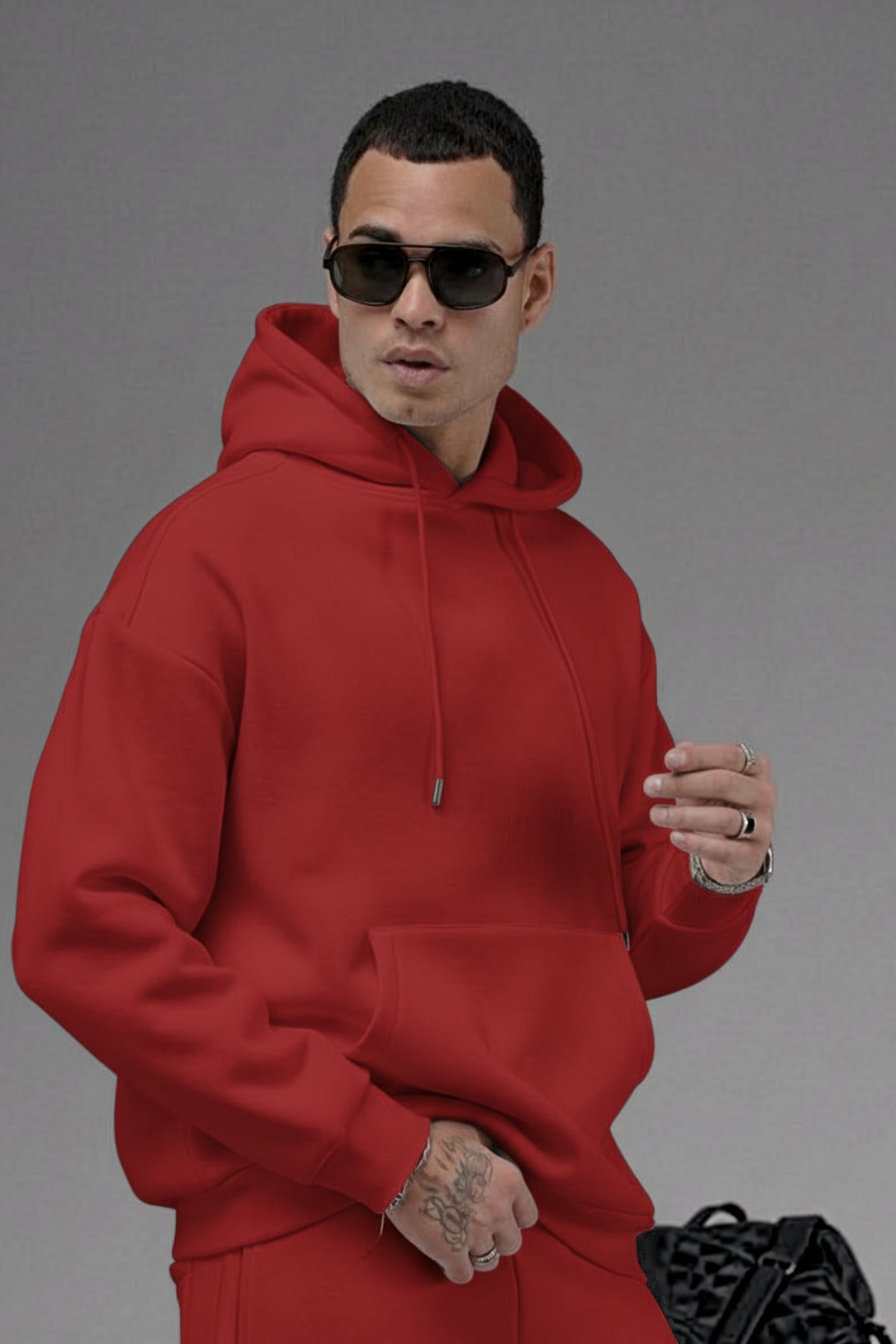 Erkek Baggy Geniş Paça Beli Lastikli Geniş Kesim Kışlık Eşofman Takımı - Kırmızı - 3