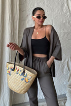 Kadın Dökümlü Bürümcük Yazlık Palazzo Kimono Takım - Füme - 3