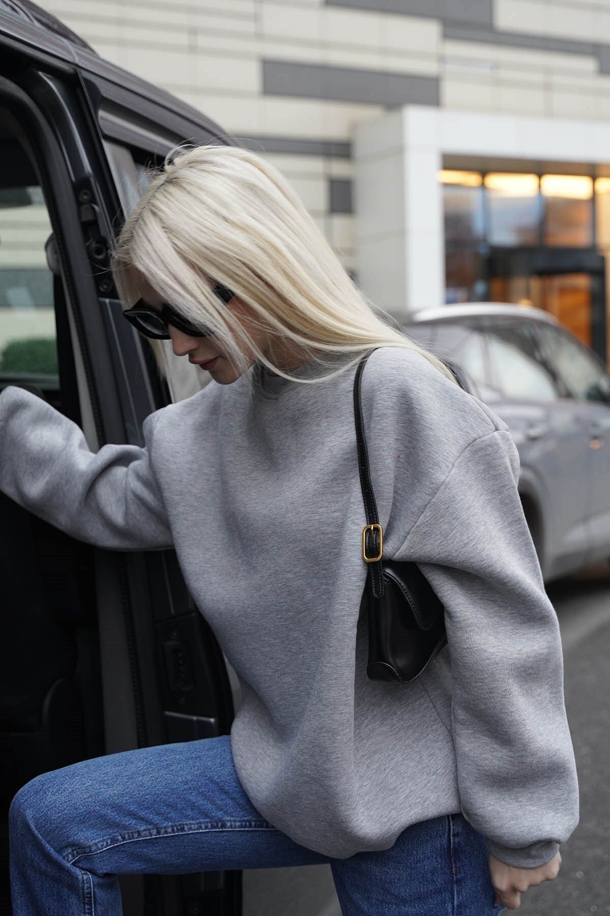 Kadın Gri Melanj Uzun Kollu Sweatshirt Bisiklet Yaka Oversize Basic - Gri Melanj - 2