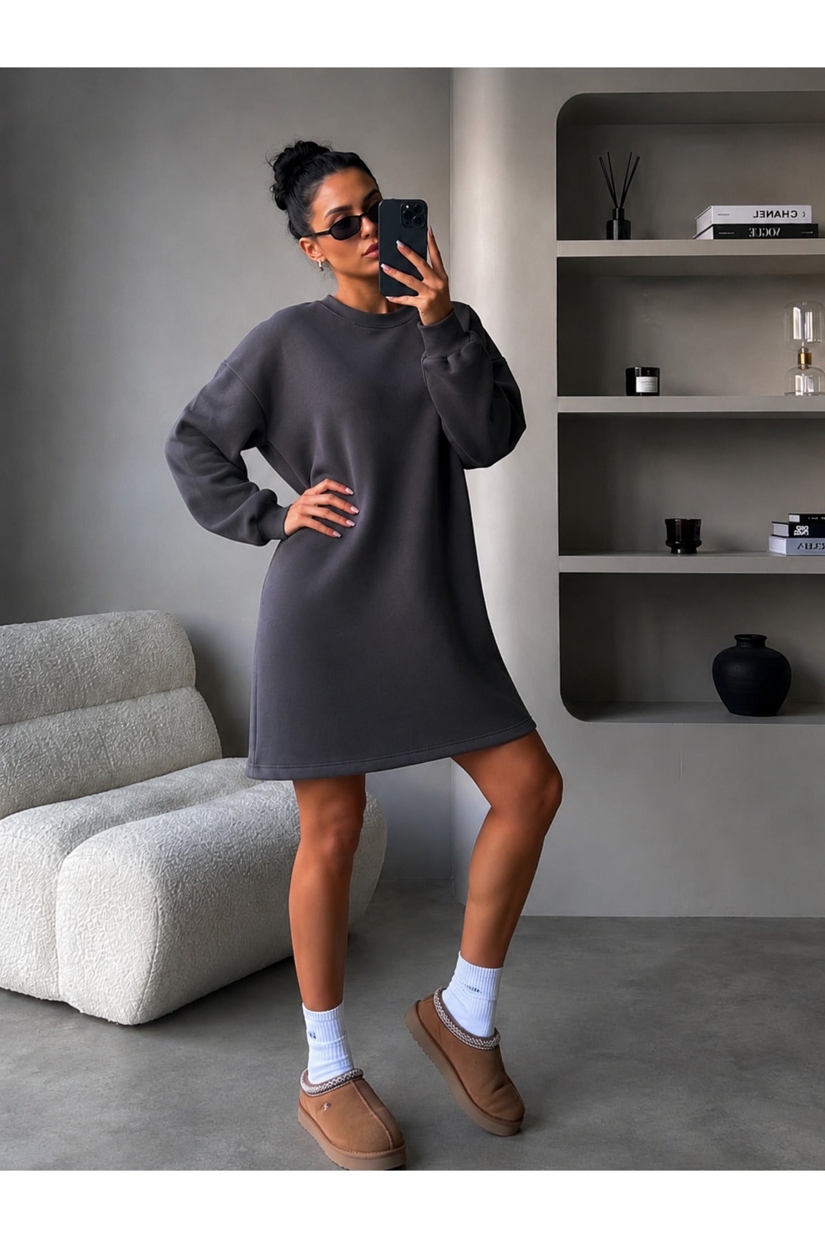 Kadin 3 İ̇pli̇k Yeni̇ Uzun Kollu Bi̇si̇klet Yaka Rahat Sweatshirt Elbi̇se - Füme - 1