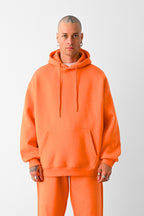 Erkek Bol Kesim Oversize 3 İplik İçi Pamuklu Şardonlu Kanguru Cep Kapşonlu Kışlık Hoodie Sweatshirt - Turuncu - 1