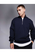 Erkek Yarım Fermuarlı Basic Oversize Dik Yaka Sweatshirt Kazak - Lacivert - 1