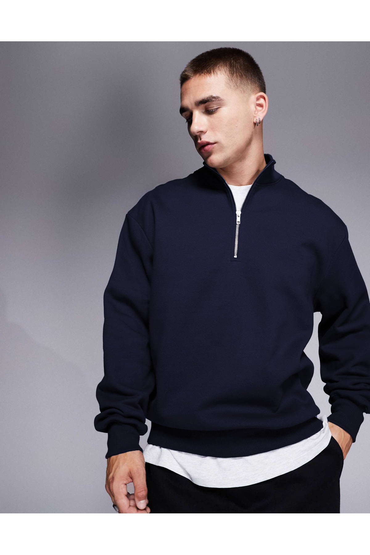 Erkek Yarım Fermuarlı Basic Oversize Dik Yaka Sweatshirt Kazak - Lacivert - 1