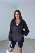 Kadın 3 İ̇plik Oversize Kapüşonlu Fermuarlı Hırka Sweatshirt - Füme - 1