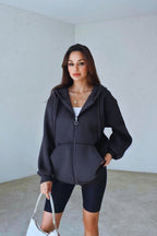 Kadın 3 İ̇plik Oversize Kapüşonlu Fermuarlı Hırka Sweatshirt - Füme - 1