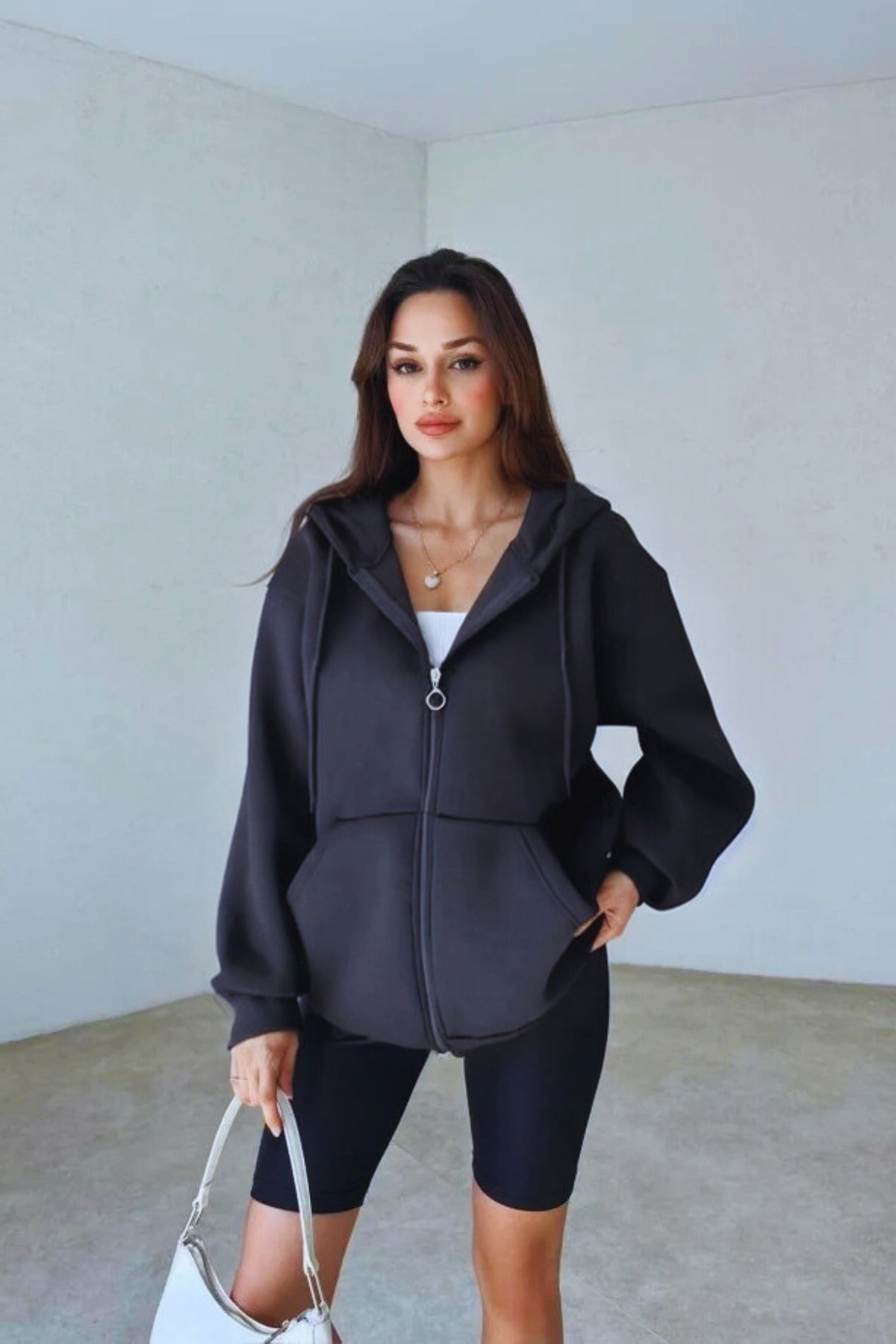 Kadın 3 İ̇plik Oversize Kapüşonlu Fermuarlı Hırka Sweatshirt - Füme - 1