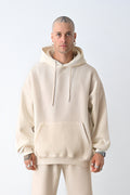 Erkek Bol Kesim Oversize 3 İplik İçi Pamuklu Şardonlu Kanguru Cep Kapşonlu Kışlık Hoodie Sweatshirt - Bej - 1