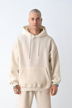 Erkek Bol Kesim Oversize 3 İplik İçi Pamuklu Şardonlu Kanguru Cep Kapşonlu Kışlık Hoodie Sweatshirt - Bej - 1
