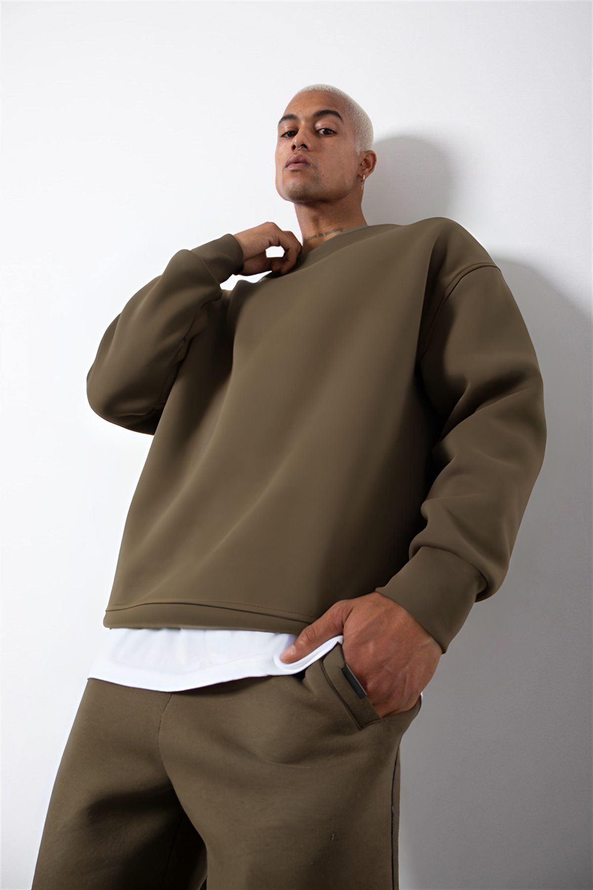Erkek Bisiklet Yaka Oversize Sweatshirt - Haki - 2