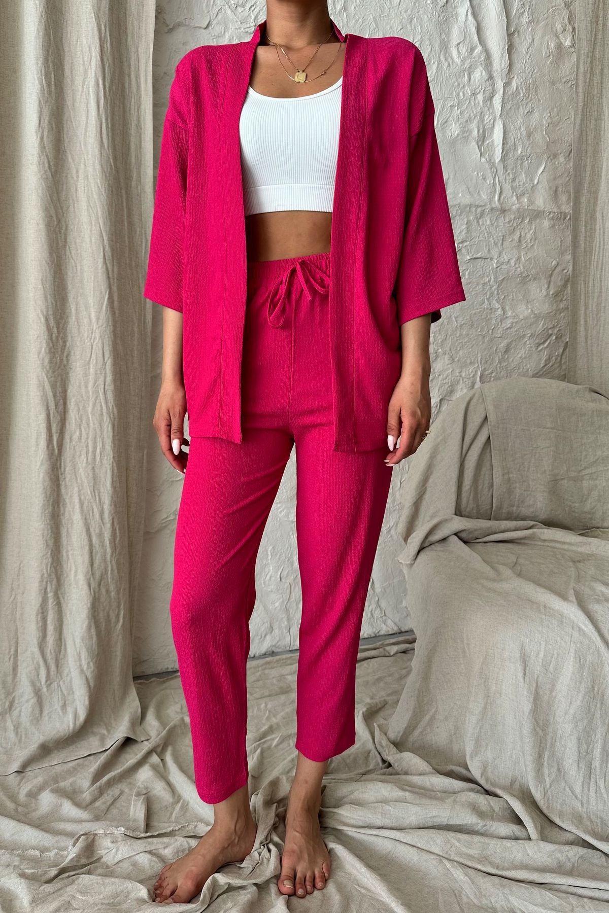 Kadın Dökümlü Bürümcük Yazlık Palazzo Kimono Takım - Pembe - 2